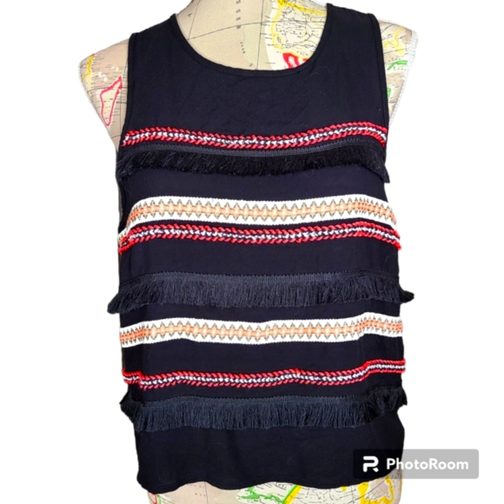 DEREK HART Size Large Black Sleeveless Fringed Embroidered Stripe Blouse Y2K